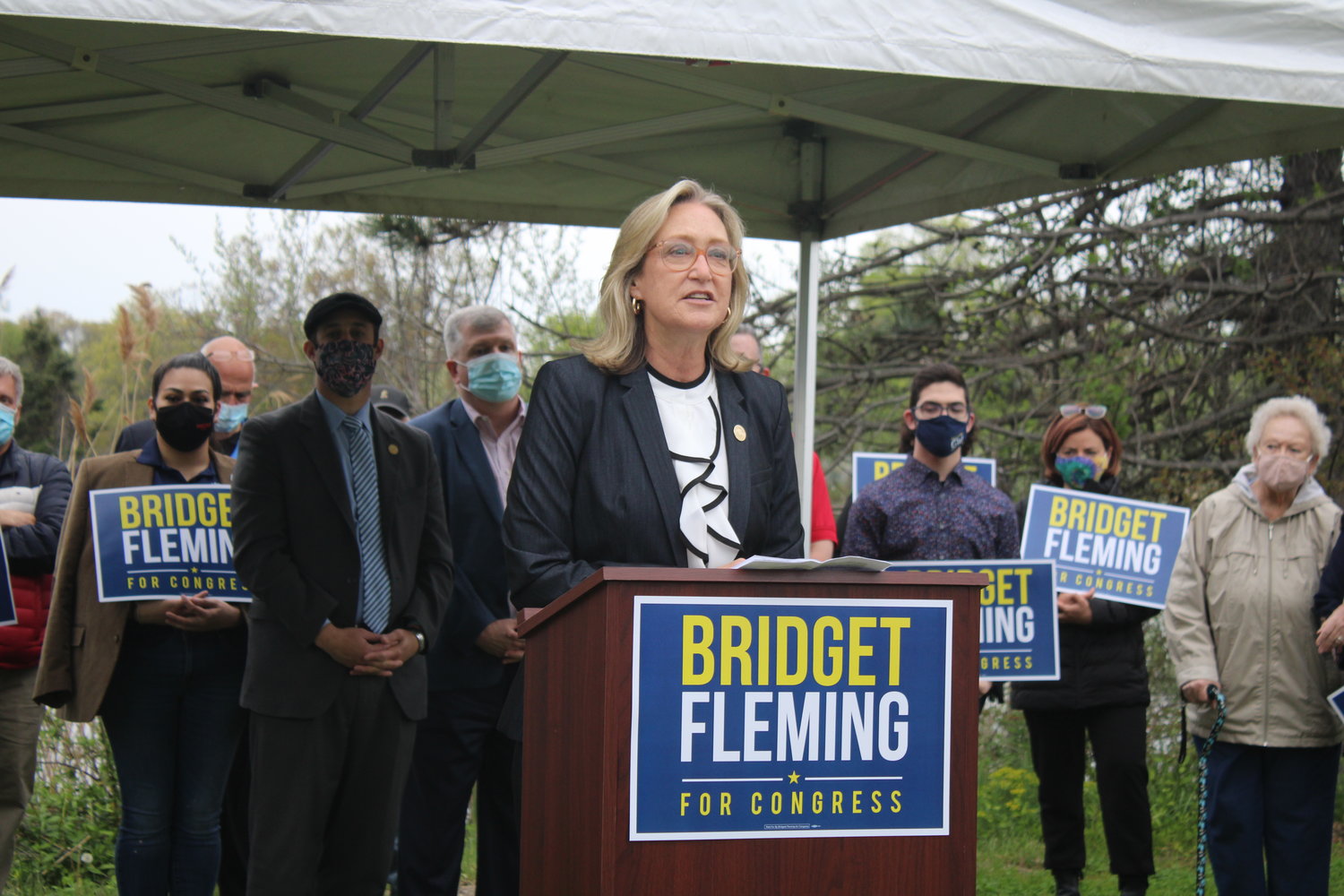 Suffolk County Legislator Bridget Fleming (D-Sag Harbor) announces her run for Congress in New York’s First Congressional District on Monday, May 3 in Patchogue alongside Democratic Party leaders.